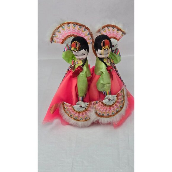 Vintage Korean Traditional Native Fabric Dolls Fan Dancers Pair - Picture 2 of 8